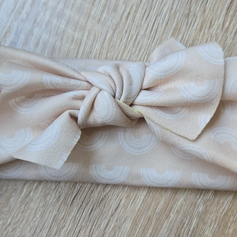 Retro Rainbow Knotted Headband Neutral Boho Beige Hair Wrap Soft Stretch Top